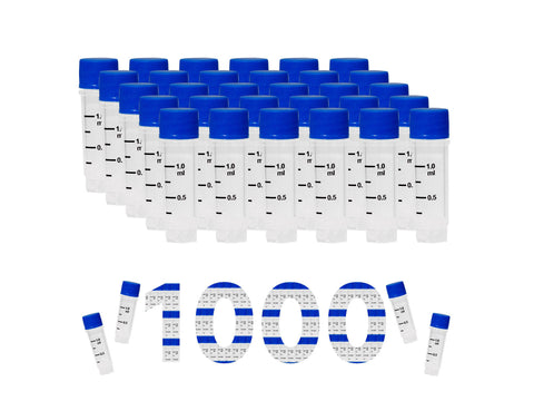 CryoKING Cyogenic Vials-1.0ml Clear Tube Self-Standing 25/Bag, 500/Pack, 1000/Case